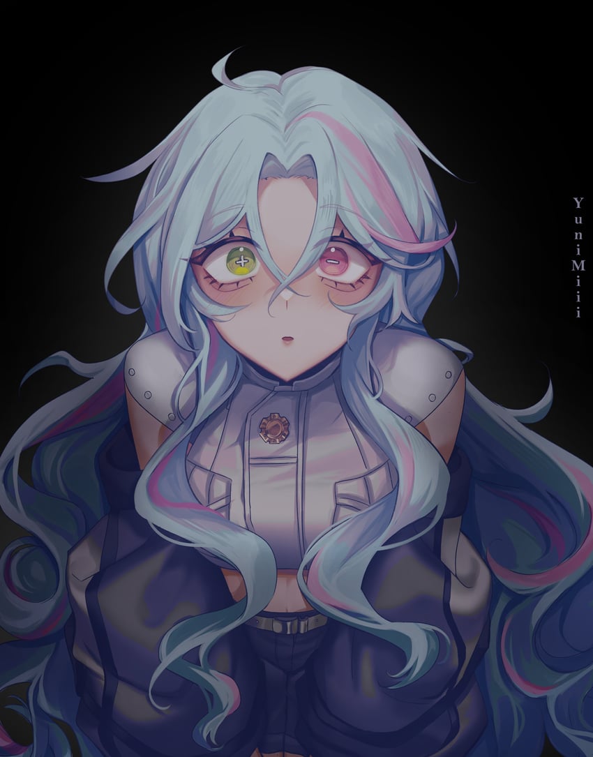 原创 1名女孩 作者名 黑色背景 蓝发 乳房