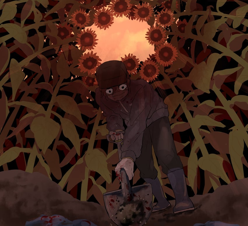 原创 1名男孩 弯腰 血 手上的血 铲子上的血
