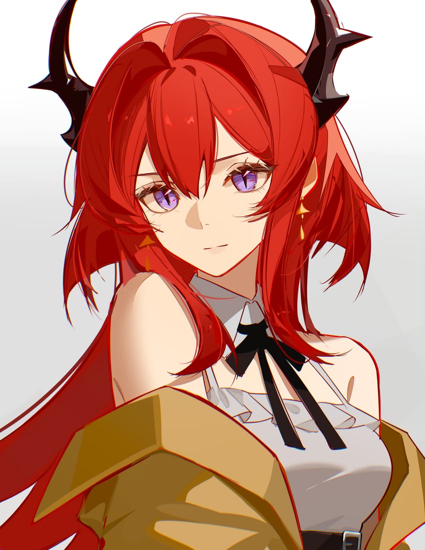 明日方舟、史尔特尔 (明日方舟) 1名女孩 露肩 黑角 黑色丝带 连衣裙