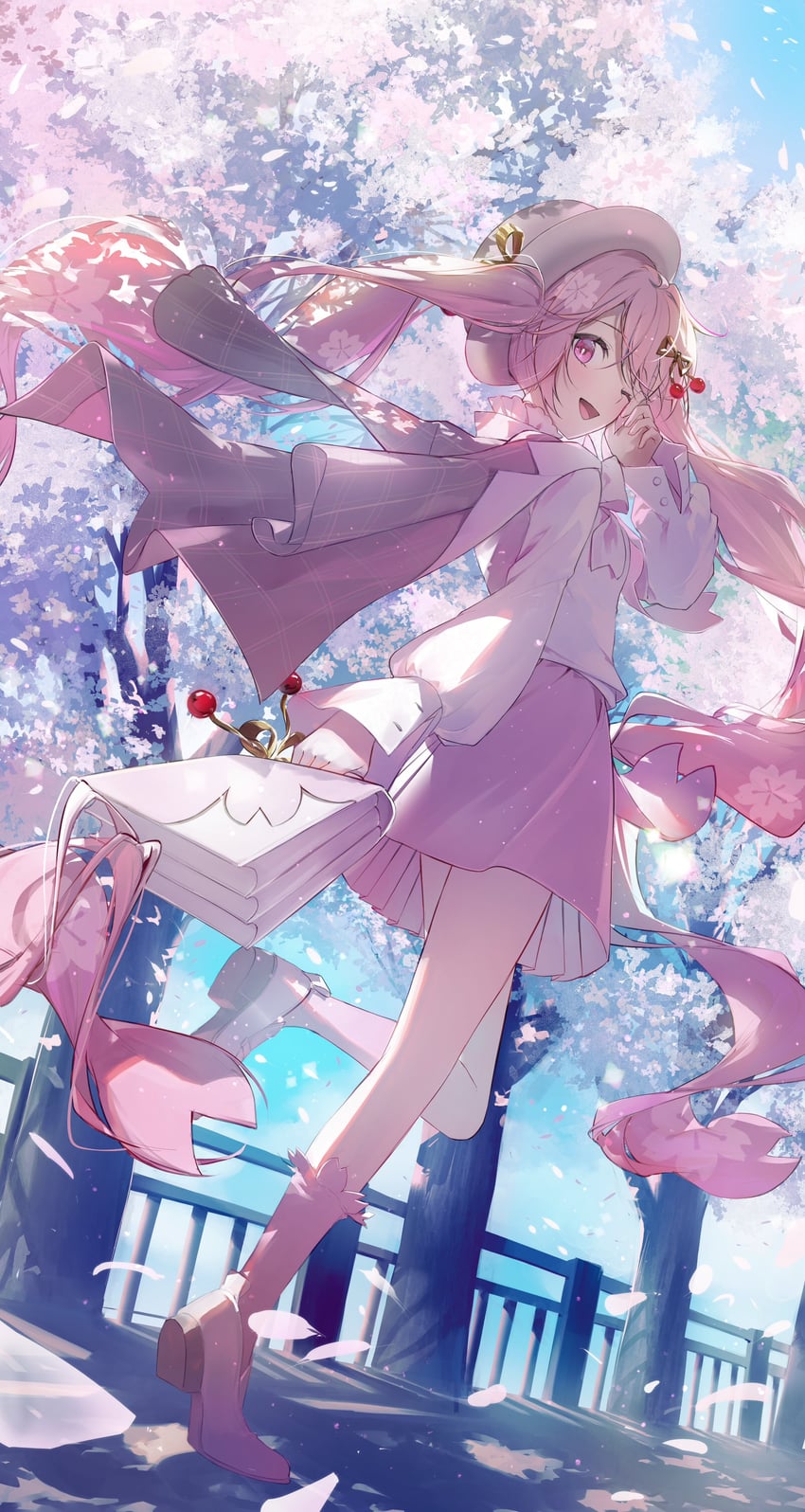 VOCALOID、初音未来、樱花未来 1名女孩 包 圆顶硬礼帽 樱花 樱桃帽子饰品