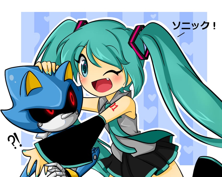 索尼克系列、VOCALOID、初音未来 1名女孩 水色瞳 水色发 水蓝色领带 黑色裙子