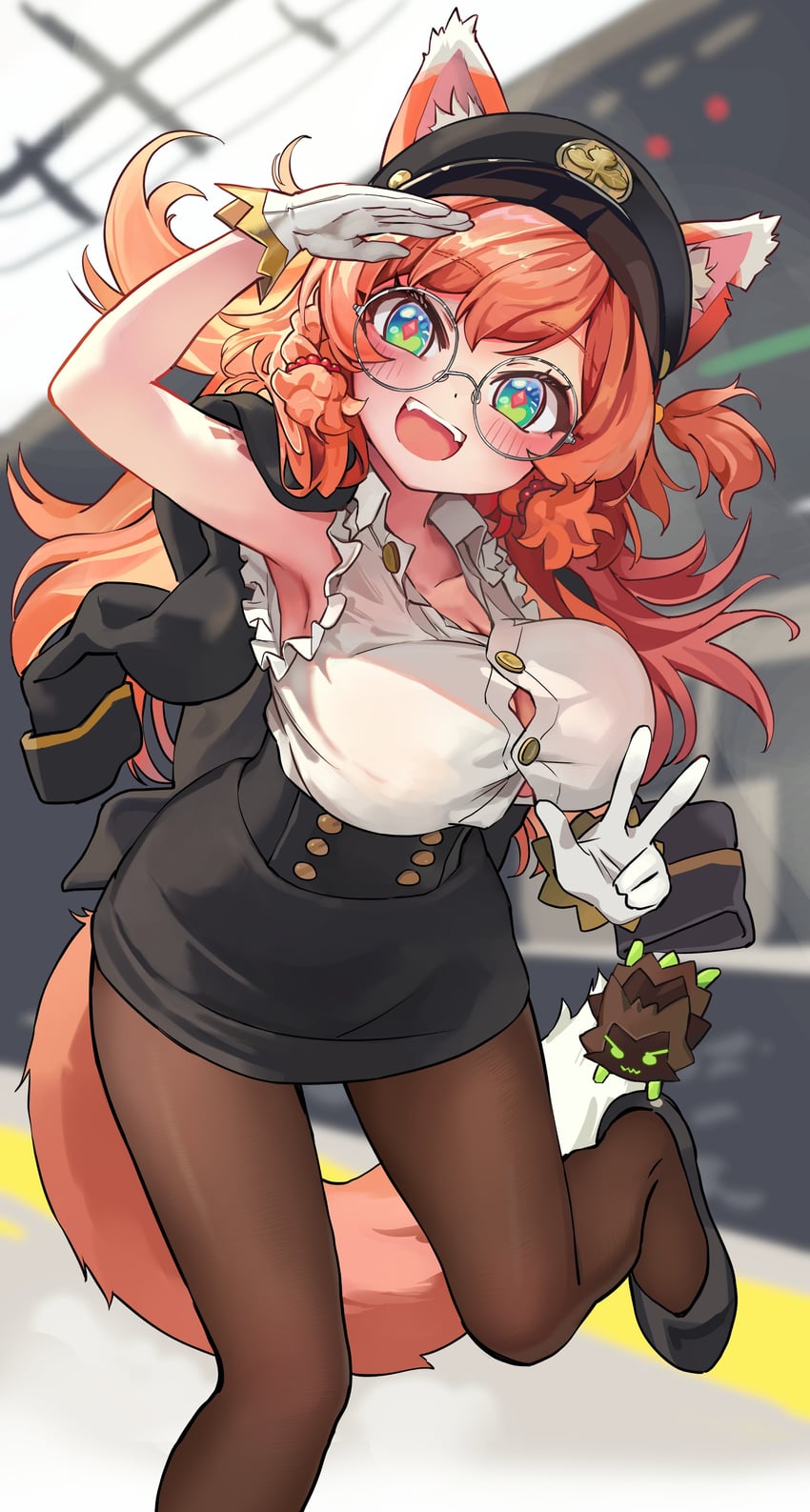 V-dere (羞怯脸)、茂角碧一、萌津美 (萌津美Pichi) 1名女孩 兽耳毛 兽耳 黑帽子 黑色夹克