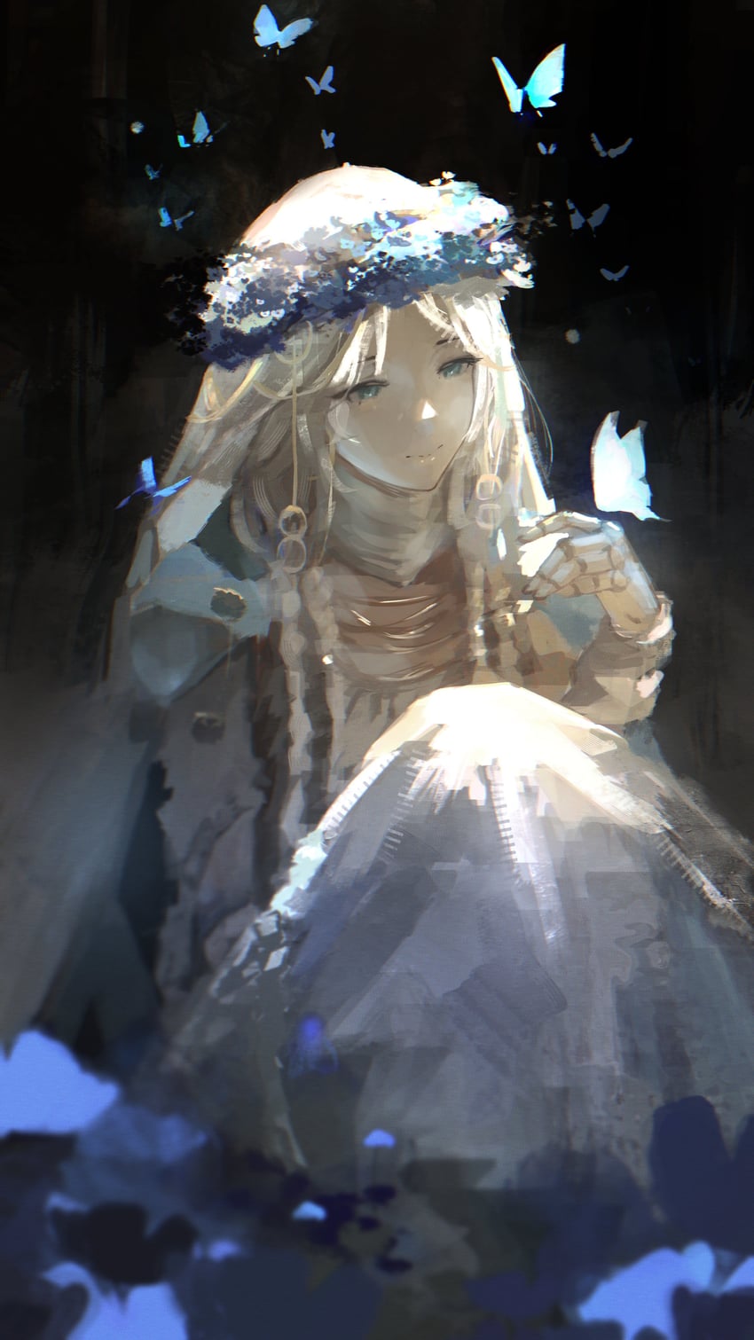艾尔登法环、艾尔登法环：暗夜统治、王室幽魂 (艾尔登法环) 1名女孩 黑色背景 蓝蝴蝶 蓝眼 蓝花