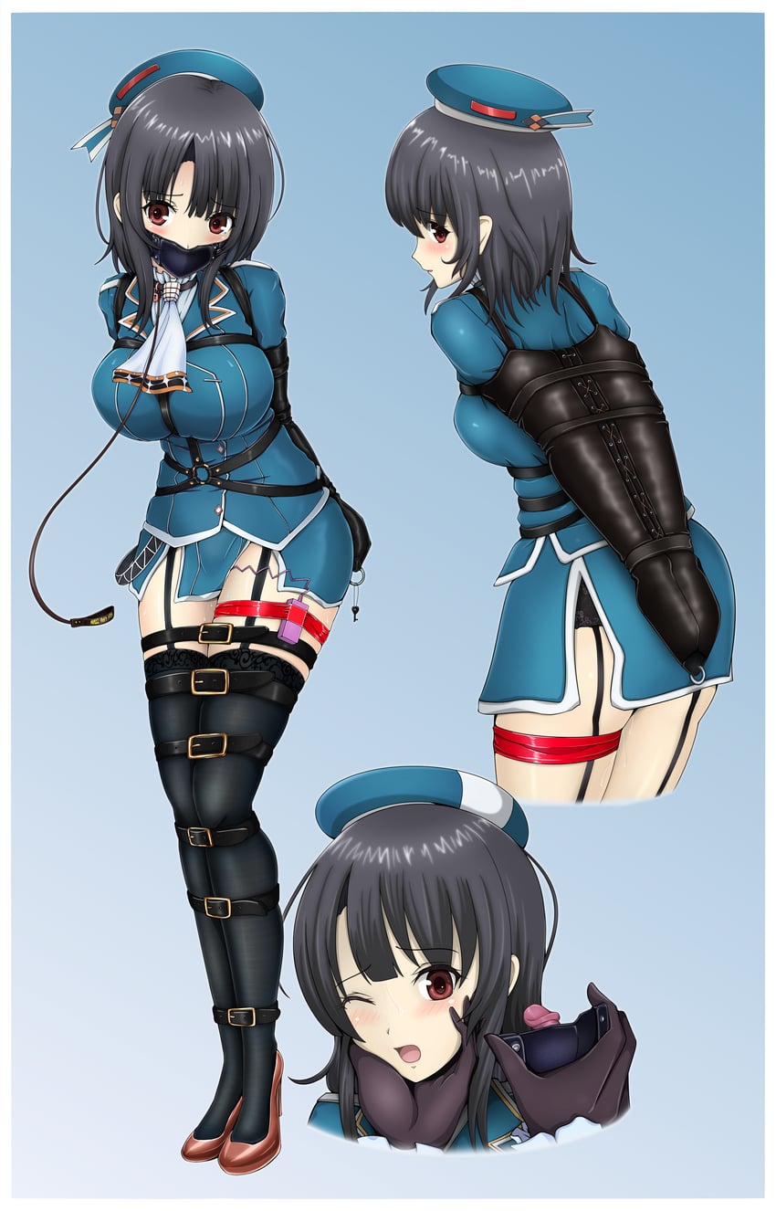 舰队Collection、高雄 (舰队收藏) 1名女孩 戴上口塞 束臂装置 双手背在身后 阿斯科特领巾