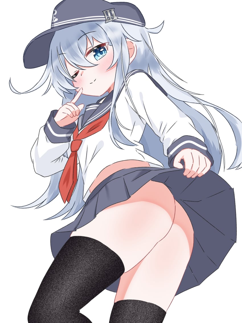 舰队Collection、响 1名女孩 锚标志 屁股 黑色过膝袜 蓝眼
