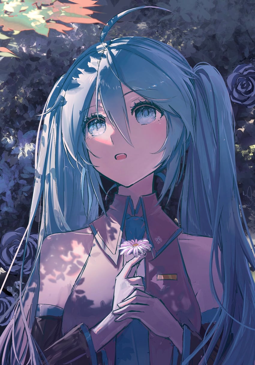 VOCALOID、初音未来 1名女孩 呆毛 水色瞳 水色发 水蓝色领带