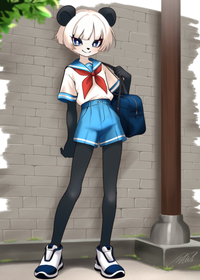 原创 1名女孩 包 黑毛皮 蓝眼 蓝色水手领