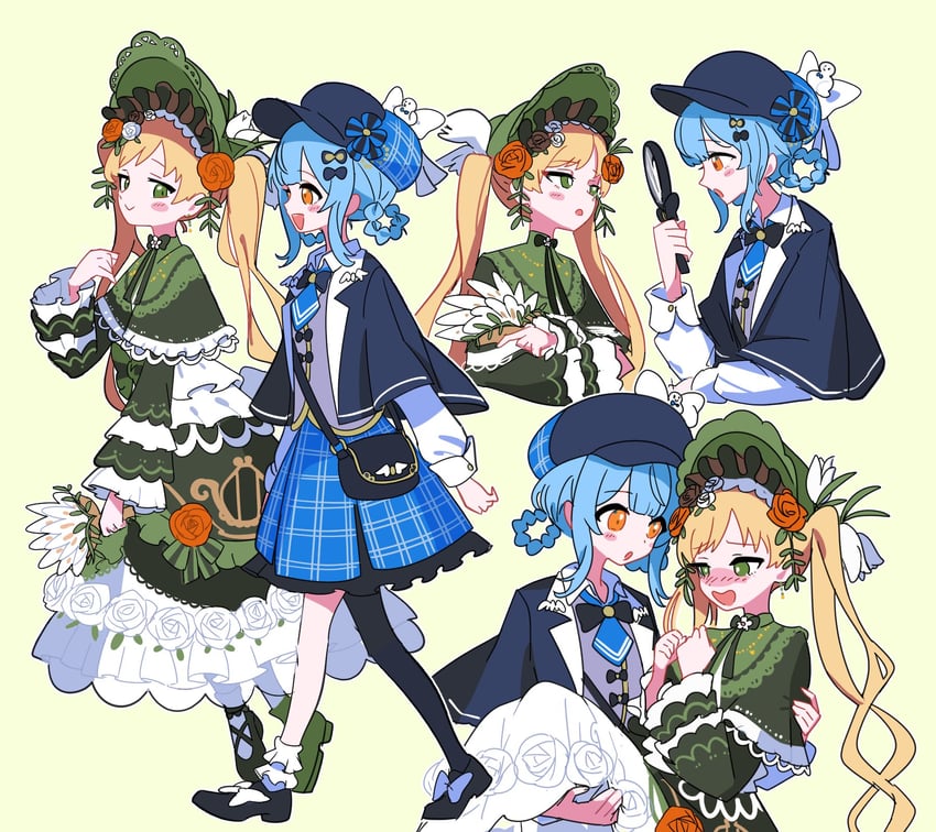 魔法少女的小镇审判、立花雪莉、外能范奈 2名女孩 不对称腿部穿着 包 帽子上的鸟饰 黑包