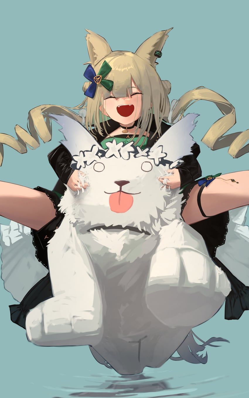 明日方舟、莫菲斯 (明日方舟)、sleep companion beast 1名女孩 1个其他角色 兽耳 黑色夹克 蓝色背景
