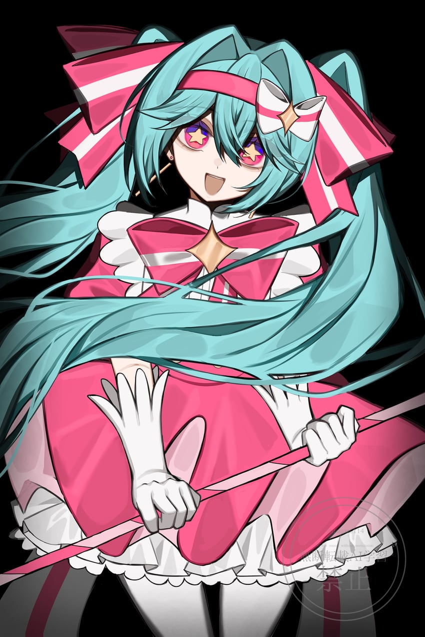 立刻轮回 (Vocaloid)、VOCALOID、初音未来 1名女孩 :D 黑色背景 蓝发 蝴蝶结
