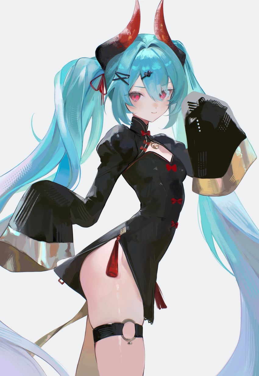 VOCALOID、初音未来 1名女孩 屁股 黑色连衣裙 蓝发 脸红