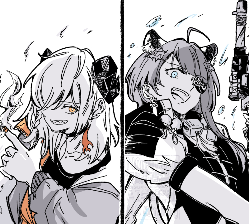 明日方舟、明日方舟：终末地、伊芙利特 (明日方舟) 2名女孩 兽耳 蓝眼 龙娘 龙角