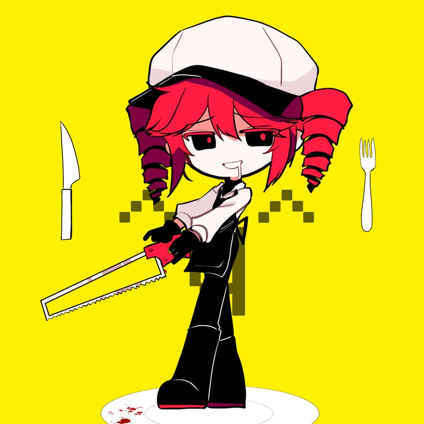 屠夫虚荣 (Synthesizer V)、UTAU、重音Teto 1名女孩 围裙 黑色围裙 黑色靴子 黑裤子