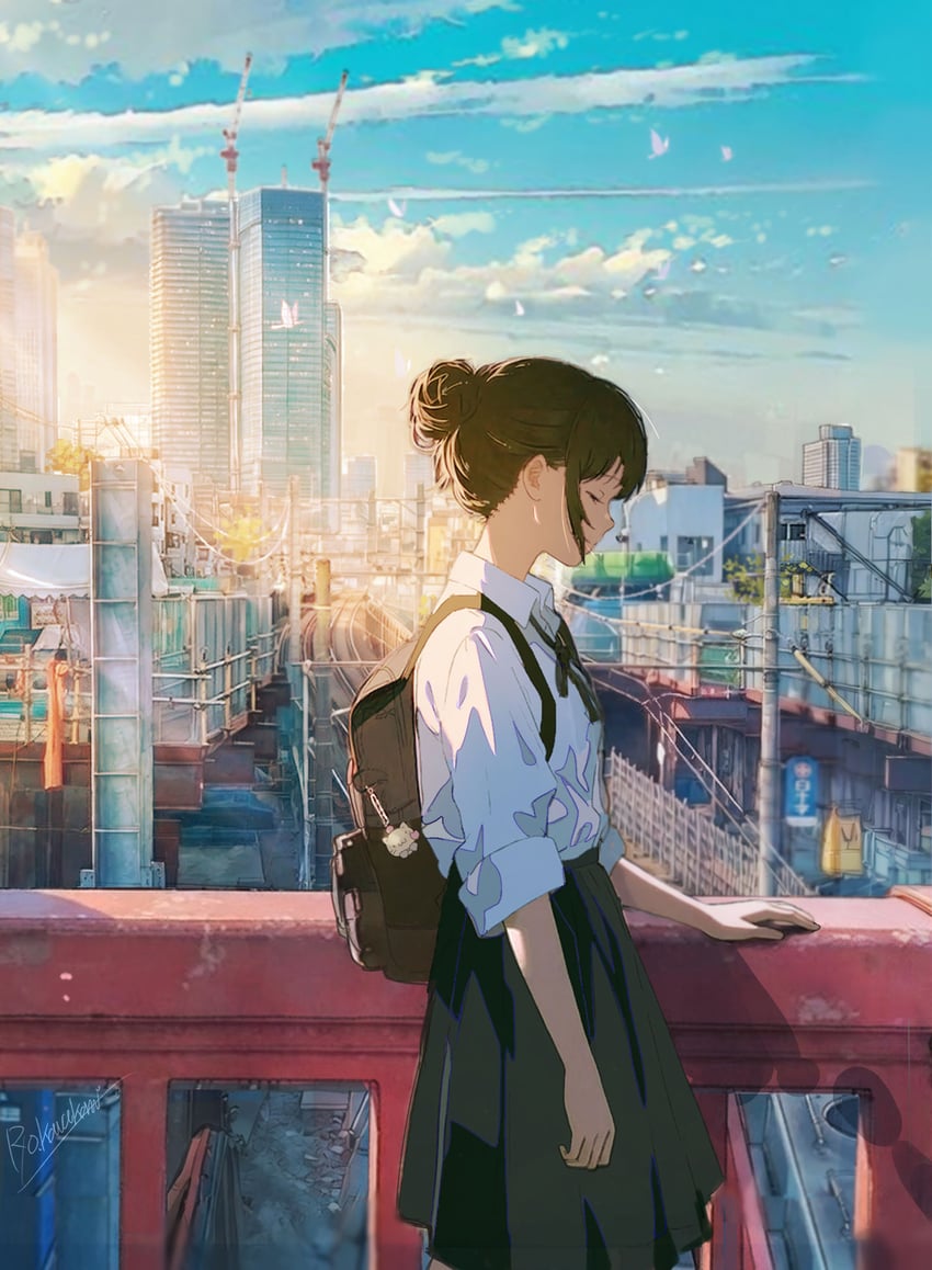 原创 1名女孩 背包 包 黑发 黑色裙子