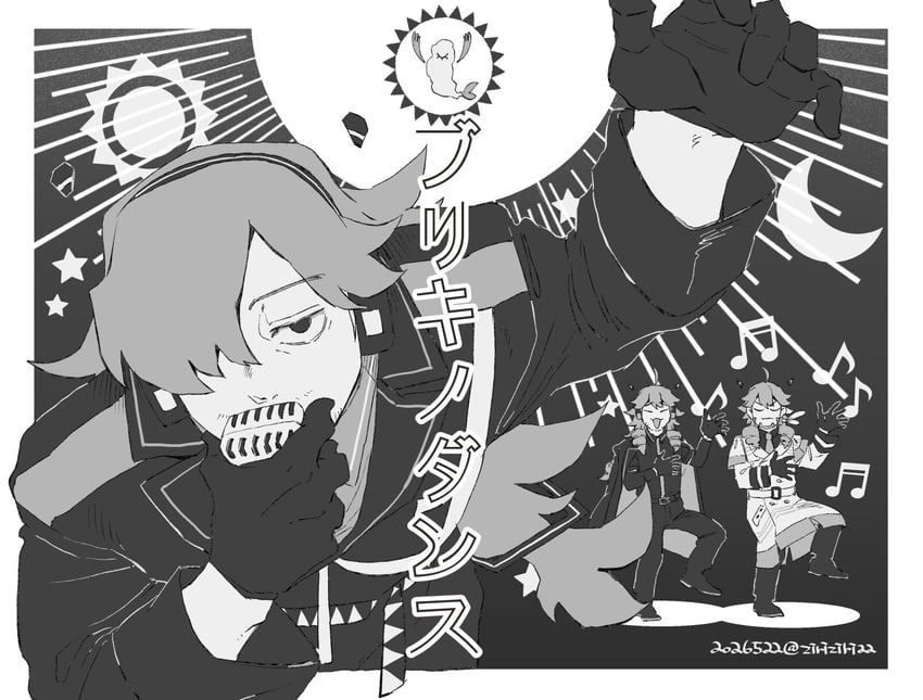 铁皮之舞 (Vocaloid)、Synthesizer V、UTAU 3个男孩 呆毛 举手 腰带 黑色背景