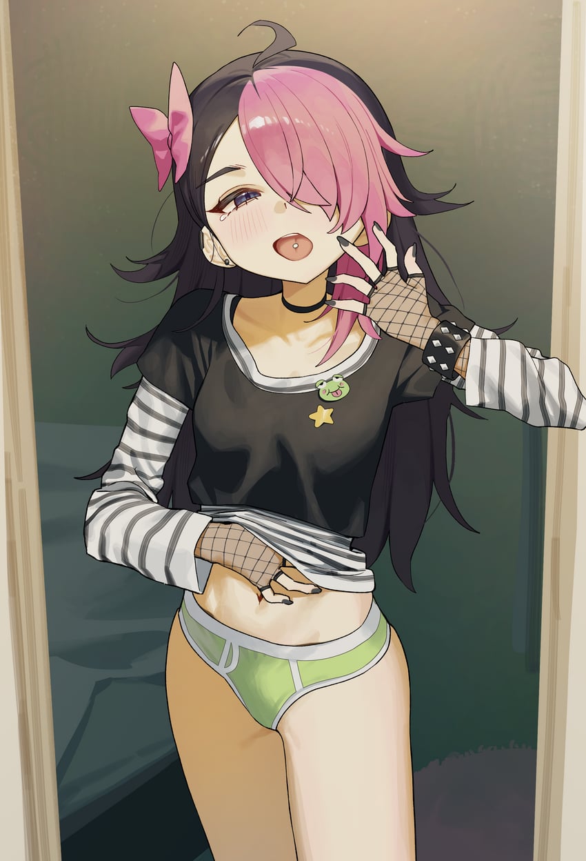 原创 1名女孩 呆毛 黑色项圈 黑发 黑色指甲