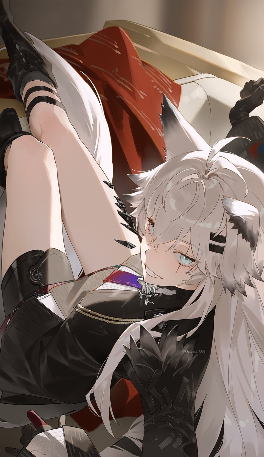 明日方舟、拉普兰德 (明日方舟)、荒芜拉普兰德 (明日方舟) 1名女孩 呆毛 饰绪 兽耳 黑色靴子