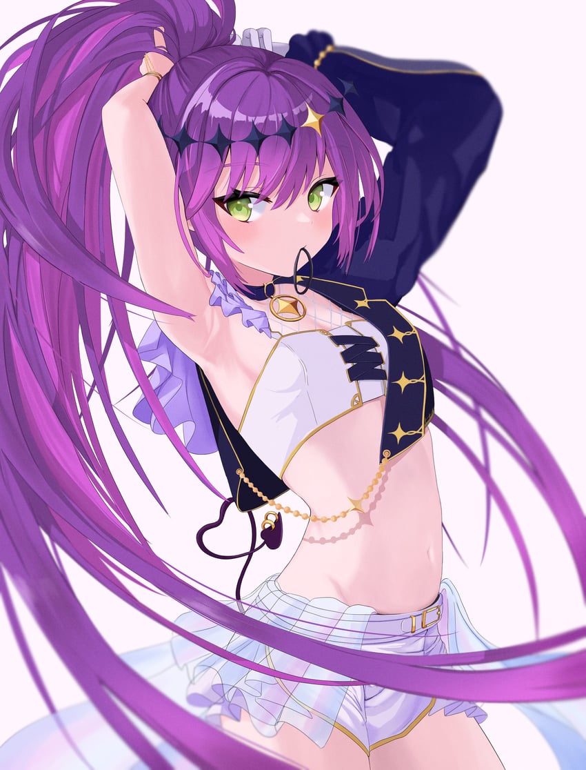 Hololive、常暗永远、常暗永远 (Break Your X.X.X) 1名女孩 举起双手 乳房 绿眼 嘴叼发带
