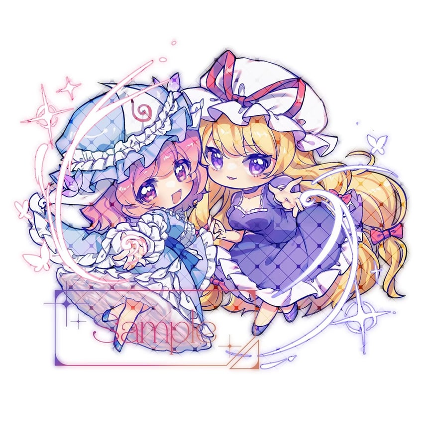 东方Project、西行寺幽幽子、八云紫 2名女孩 :D 金发 蓝帽子 蓝色和服