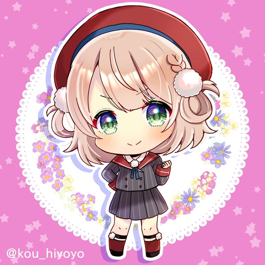 个人势虚拟主播、时雨羽衣 (第一套服装) (VTuber)、时雨羽衣(VTuber) 1名女孩 坏笑 贝雷帽 黑鞋 蓝花