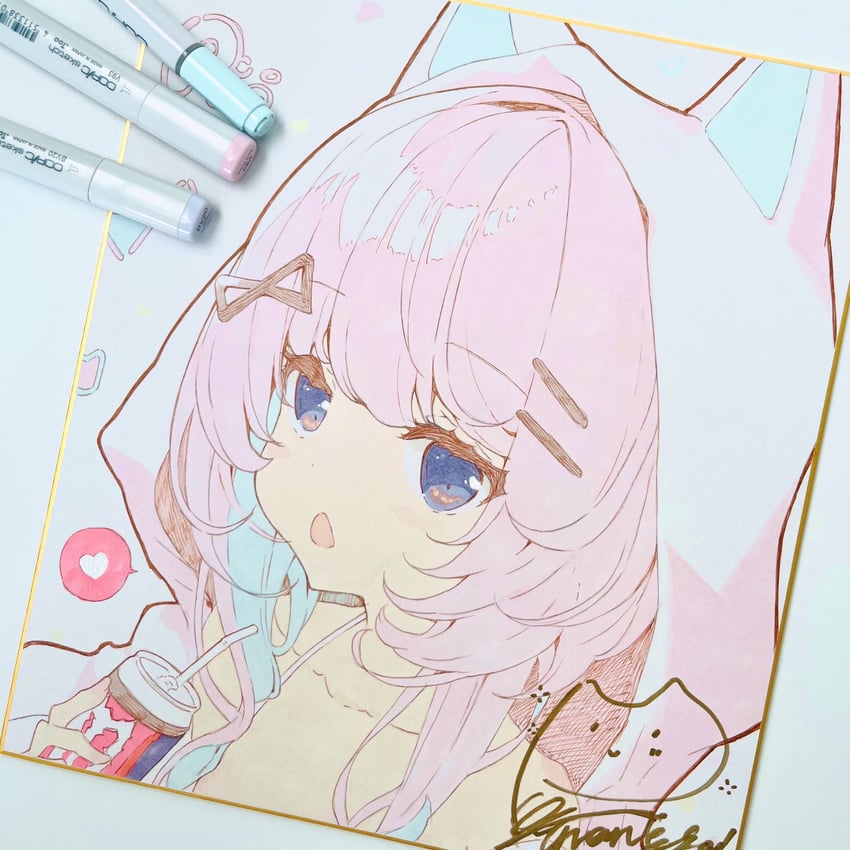 原创 1名女孩 兽耳 动物兜帽 画面内含画具 弯曲吸管