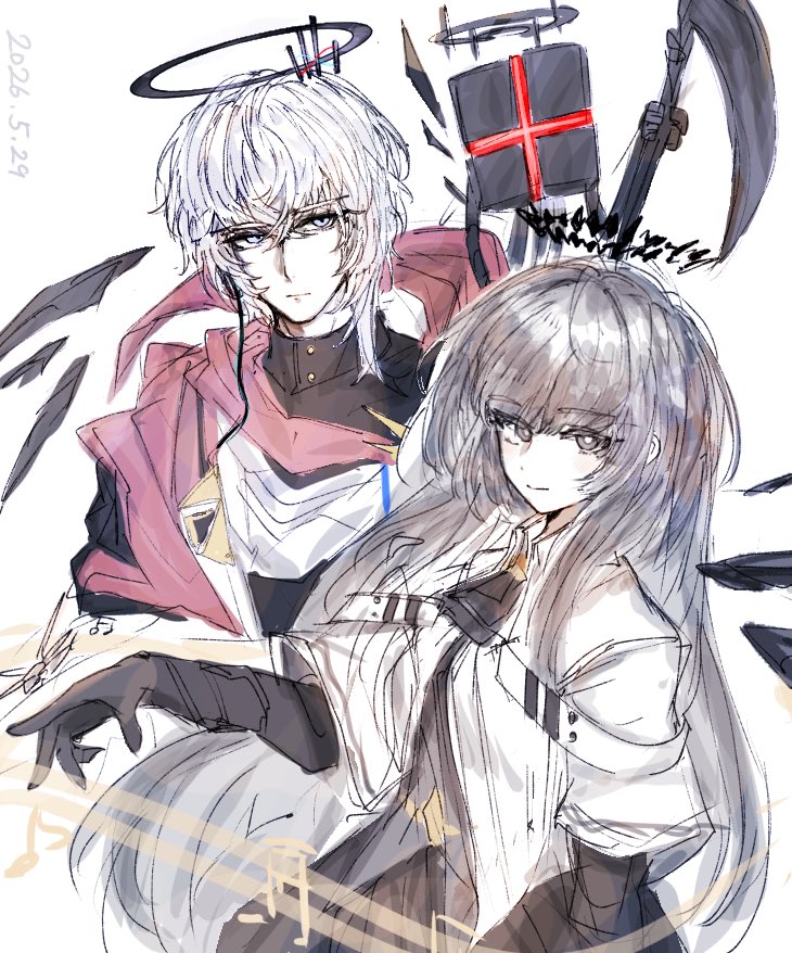 明日方舟、送葬人 (明日方舟)、塑心 (明日方舟) 1名男孩 1名女孩 阿斯科特领巾 在他人身后 黑色细领带