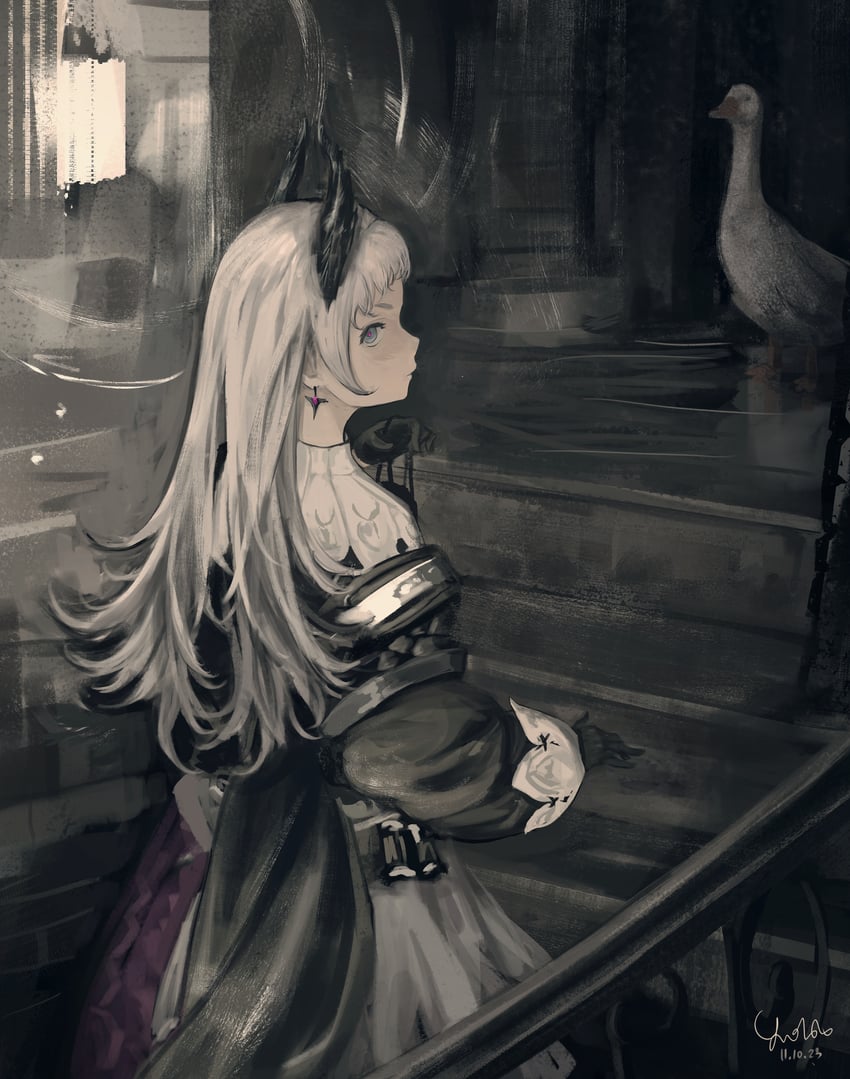 明日方舟、艾丽妮 (明日方舟) 1名女孩 画师本人 鸟 黑色手套 黑色夹克