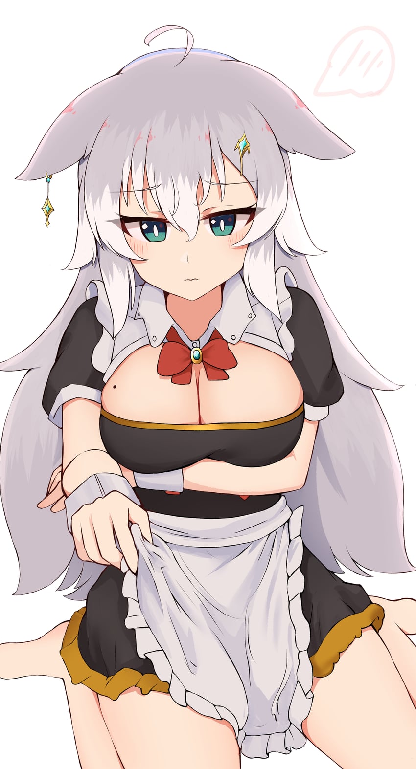 原创 1名女孩 呆毛 兽耳 围裙 手臂托在乳房下