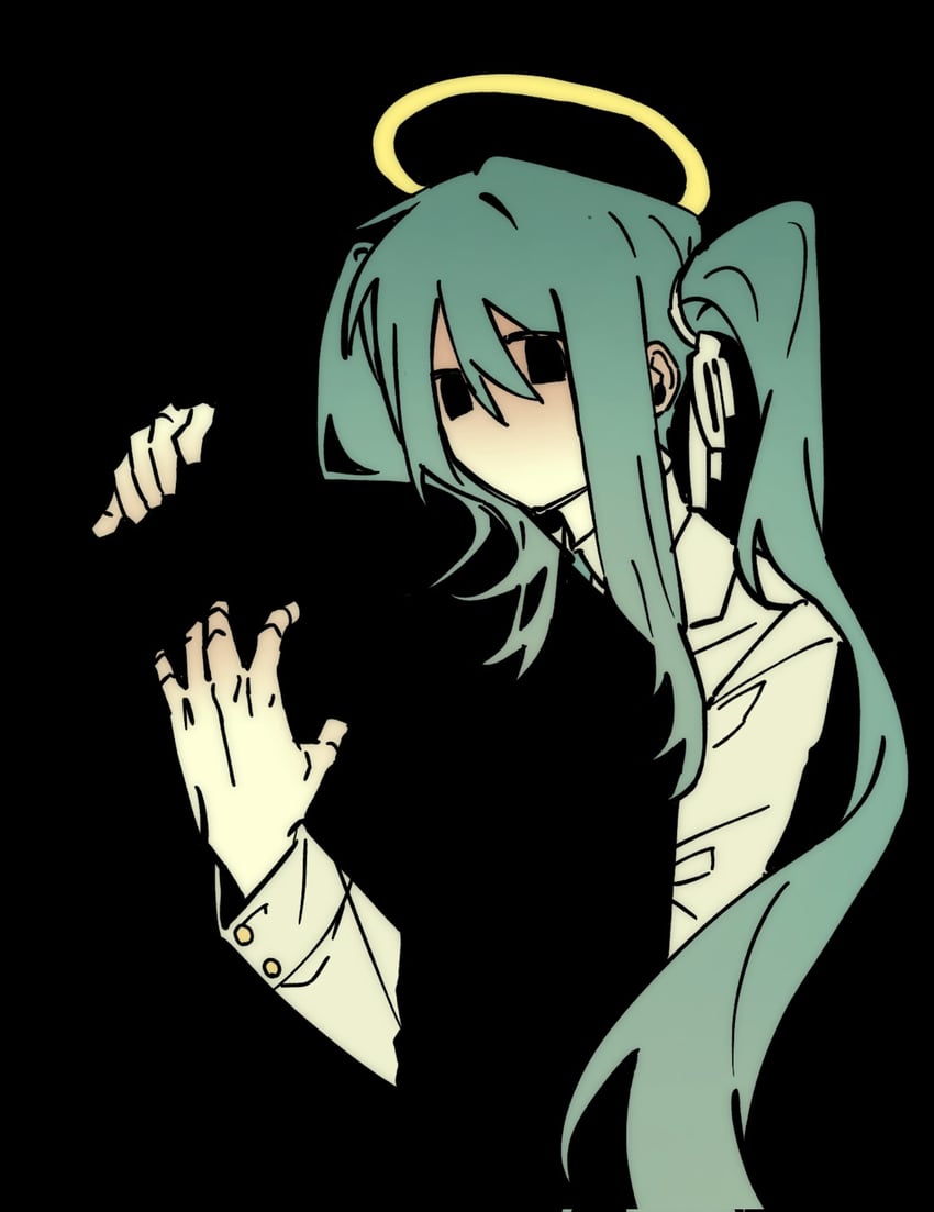 VOCALOID、初音未来 1名女孩 1个其他角色 黑色背景 黑瞳 蓝发