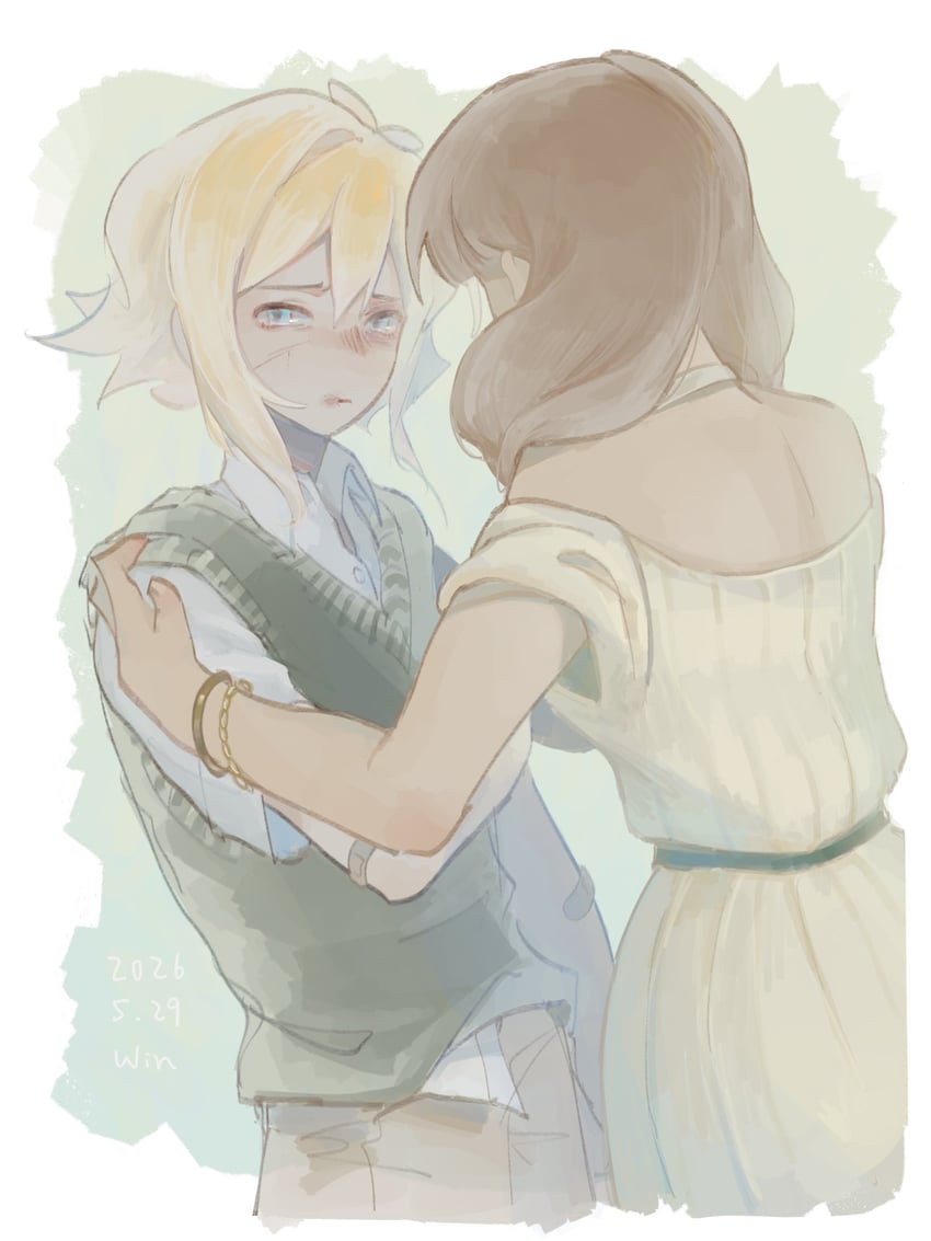 OMORI、Basil (OMORI)、Basil (OMORI) 1名男孩 1名女孩 呆毛 画框中的绘图软件 金发