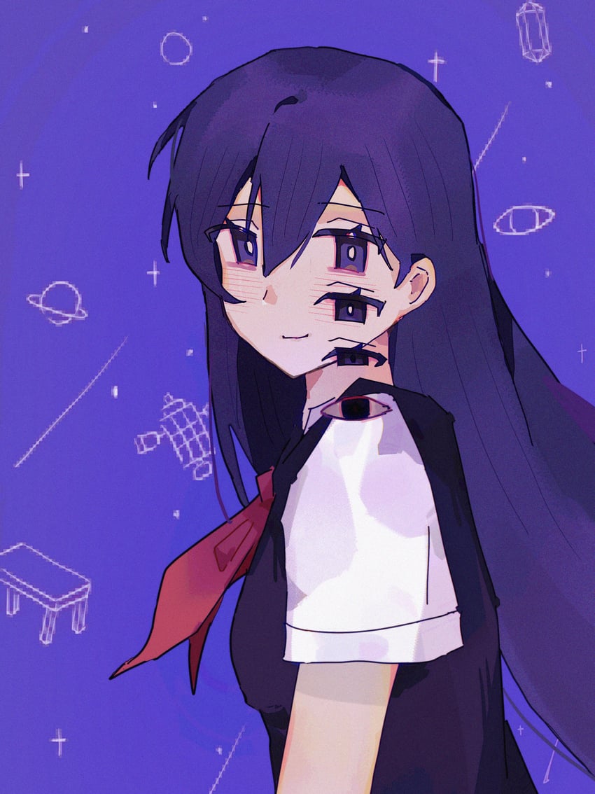 OMORI、Mari (Omori)、Mari (Omori) 1名女孩 手放在身体两侧 眼袋 裸臂 黑色毛衣背心