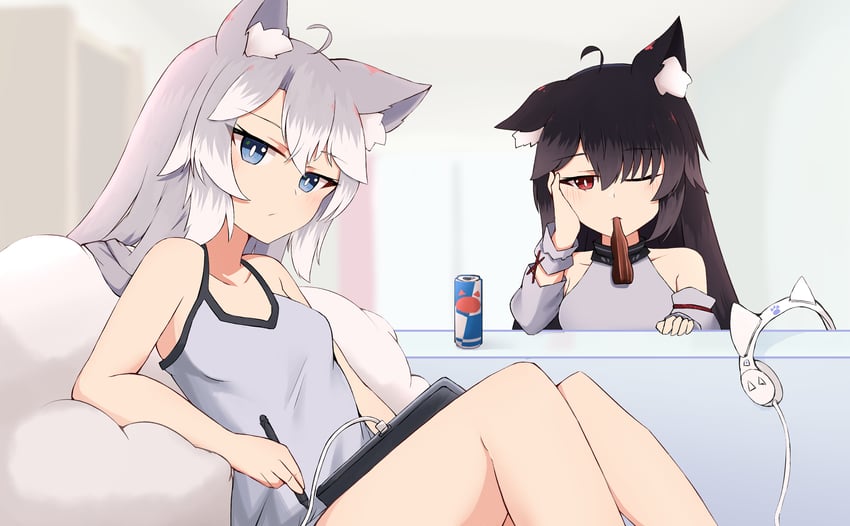 原创 2名女孩 呆毛 兽耳毛 兽耳耳机 兽耳