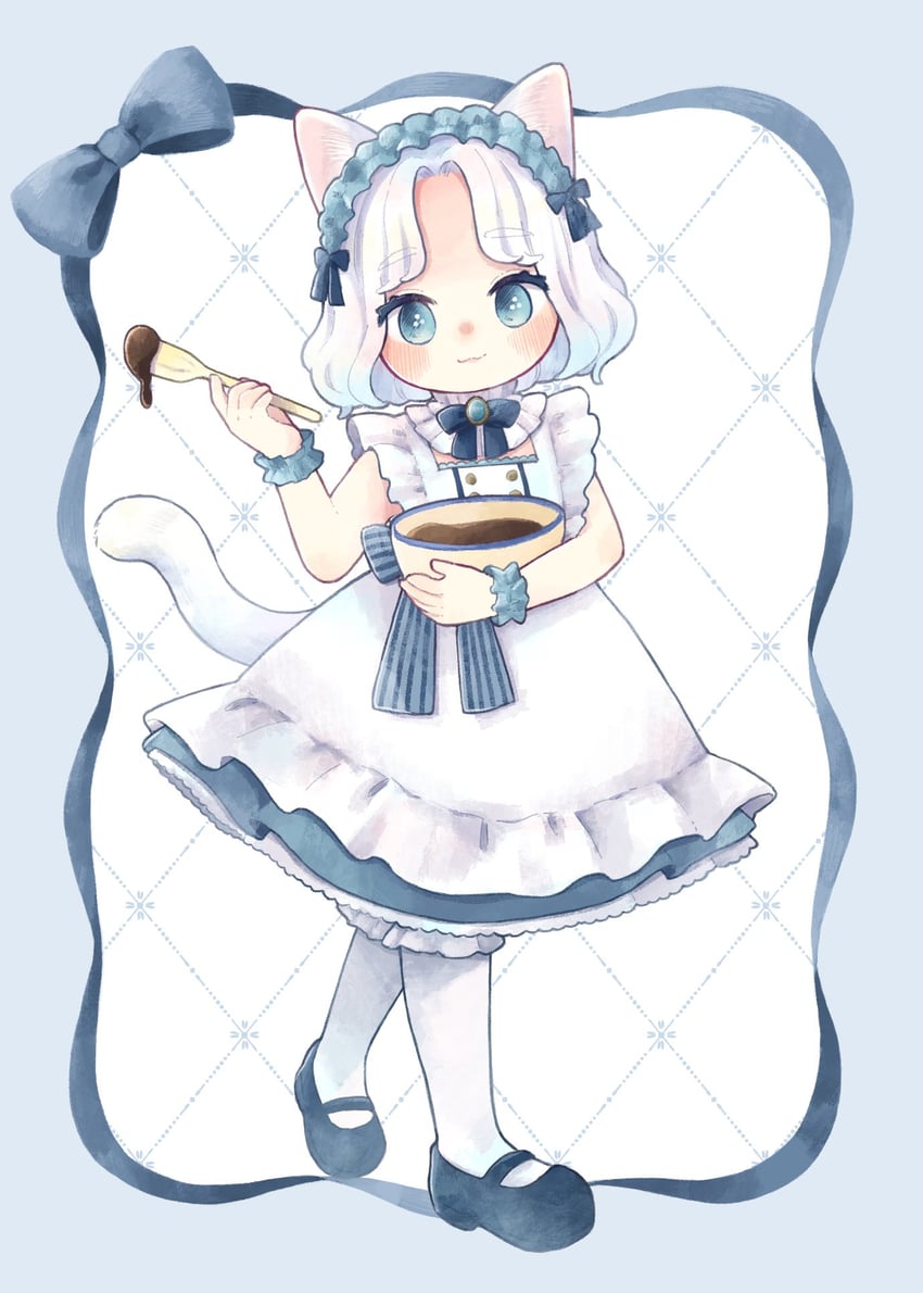 原创 1名女孩 猫脸笑 兽耳 围裙 菱格纹背景