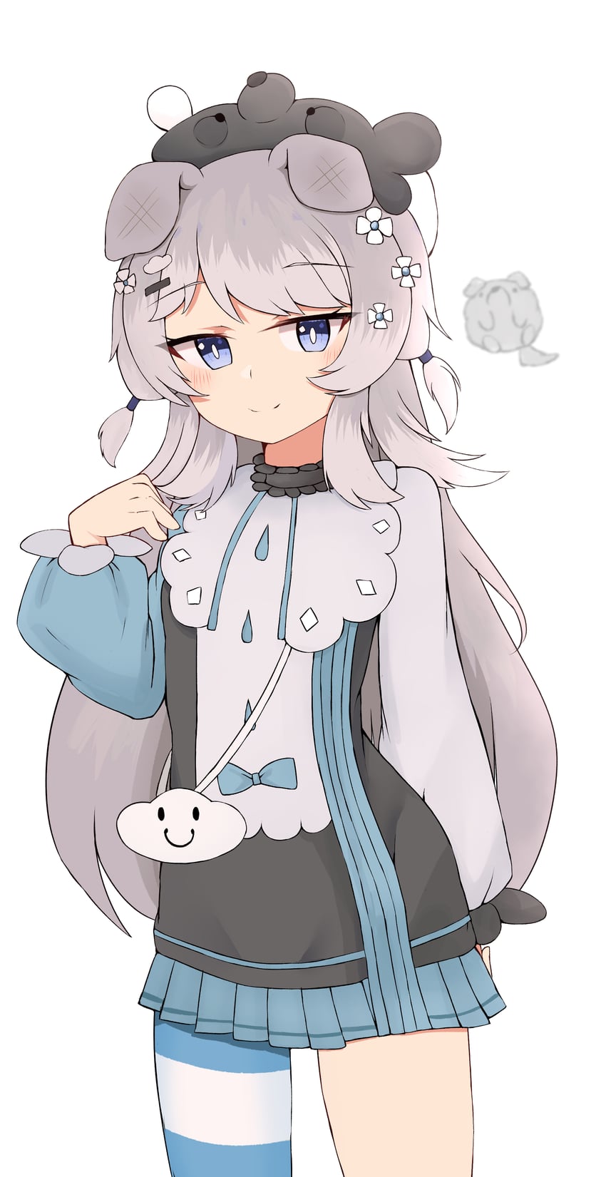 原创 1名女孩 兽耳 黑衬衫 蓝眼 蓝裙子