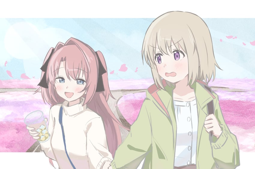 神稻牡丹：醉态如百合之花、上伊那牡丹、砺波伊吹 2名女孩 黑色丝带 脸红 杯子 落花