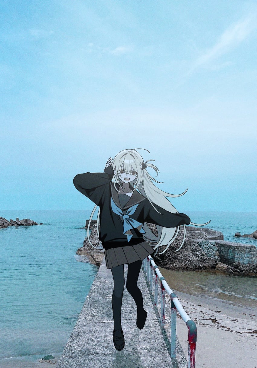 原创 1名女孩 海滩 黑色连裤袜 黑色水手领 黑色水手服