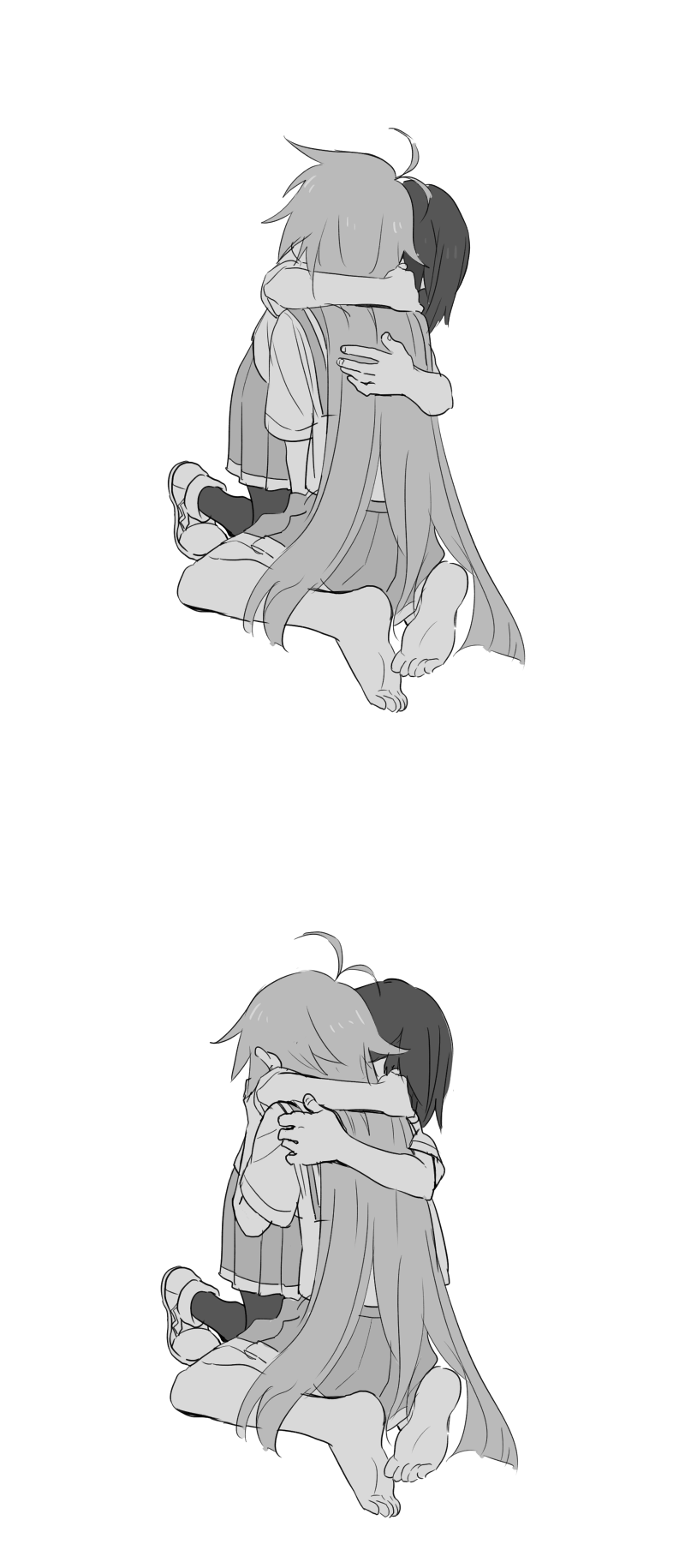 轻拍翻转小魔女、心峰可可奈、帕皮卡 (轻拍翻转小魔女) 2名女孩 赤脚 灰度 拥抱 跪姿