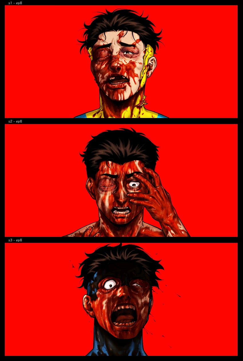 无敌少侠 (系列)、无敌少侠 (角色)、马克·格雷森 1名男孩 黑发 血 手臂上的血 衣服上的血迹