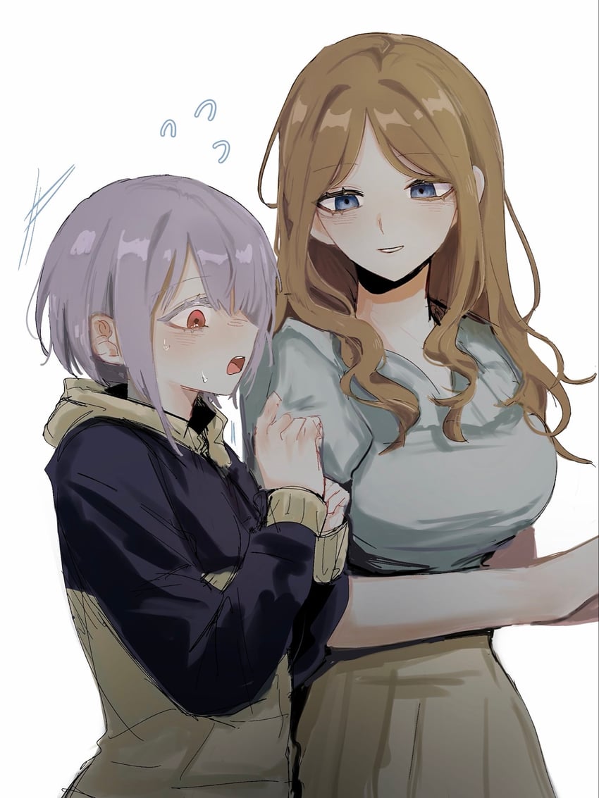 BanG Dream!、Bang Dream! It's MyGO!!!!!、长崎素世 2名女孩 蓝眼 蓝色连帽衫 乳房 棕眼睛