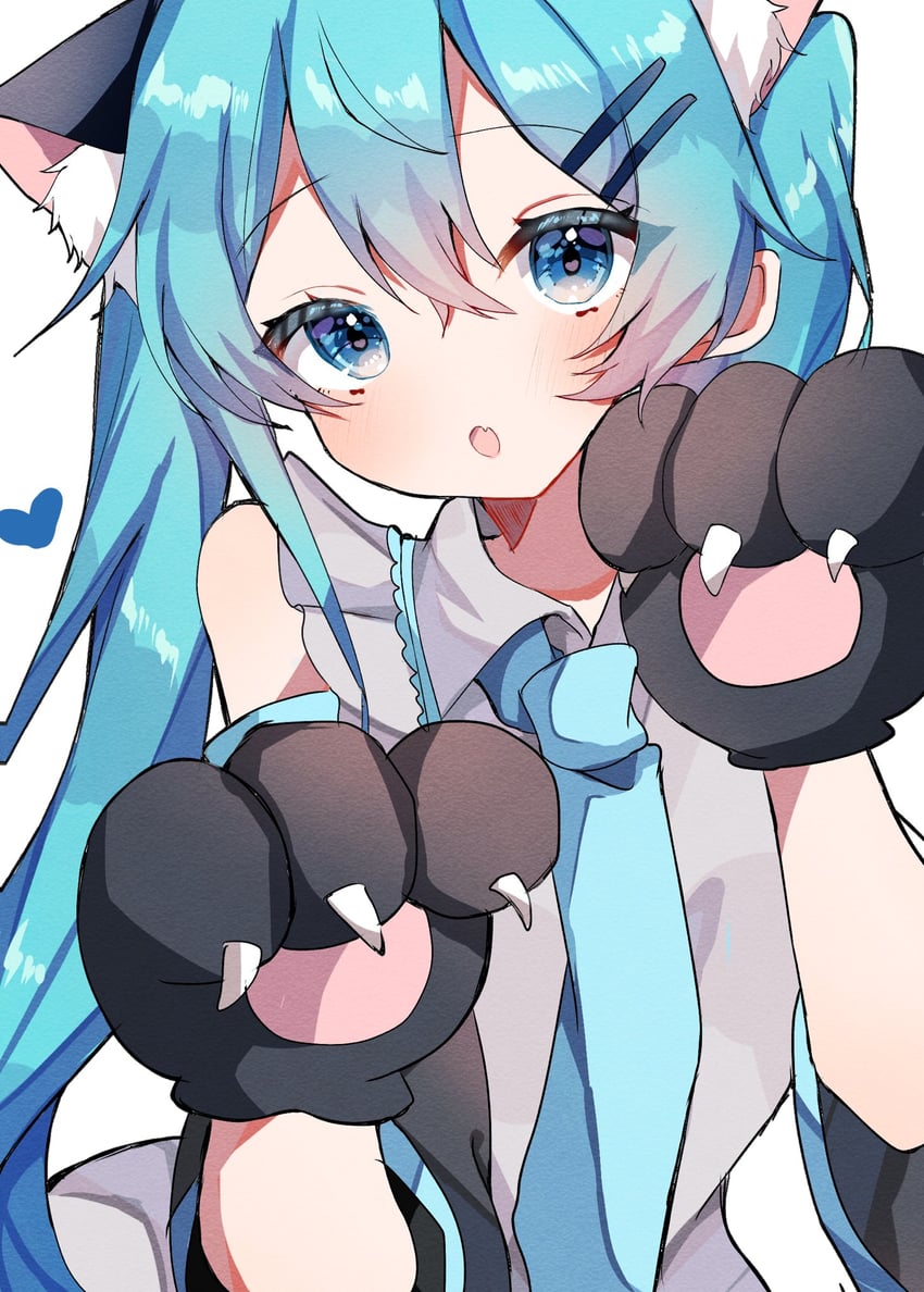 VOCALOID、初音未来 1名女孩 兽耳毛 兽耳 动物手 水色瞳
