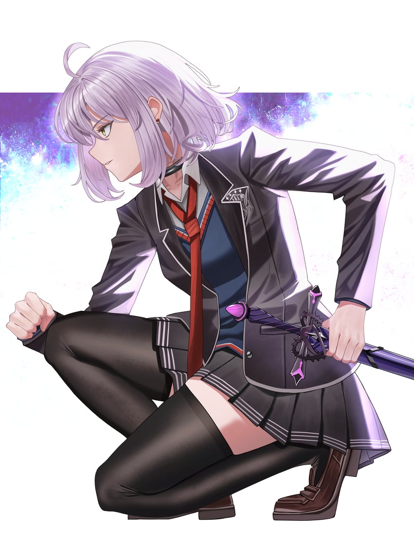 Fate/Grand Order、Fate系列、黑贞德 1名女孩 呆毛 黑色夹克 有领衬衫 灰发