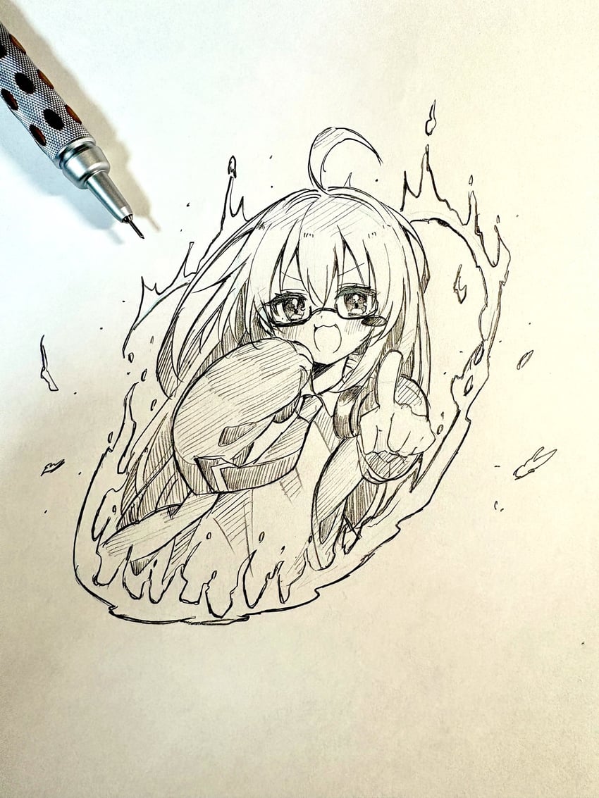 二次元插画 1名女孩 呆毛 画面内含画具 脸红 腮红贴纸