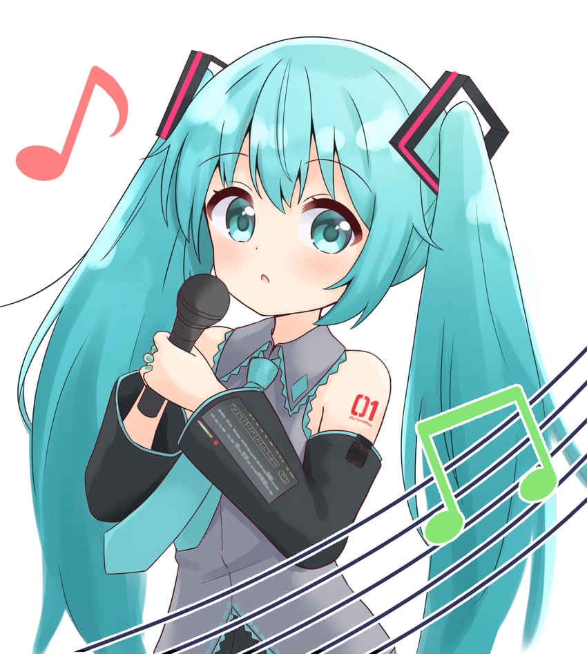 VOCALOID、初音未来 1名女孩 水色瞳 水色发 水蓝色指甲 连杠八分音符