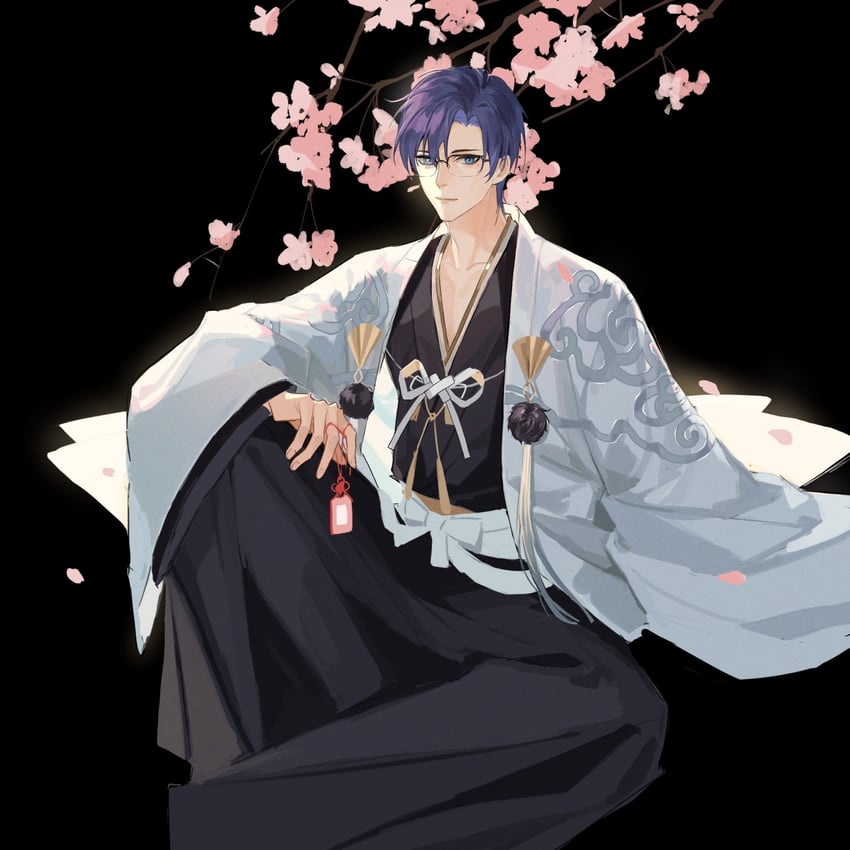 时空中的绘旅人、克拉伦斯·克莱登、clarence clayden (oneiric heian-kyo) 1名男孩 黑色背景 黑色袴 黑色和服 蓝眼