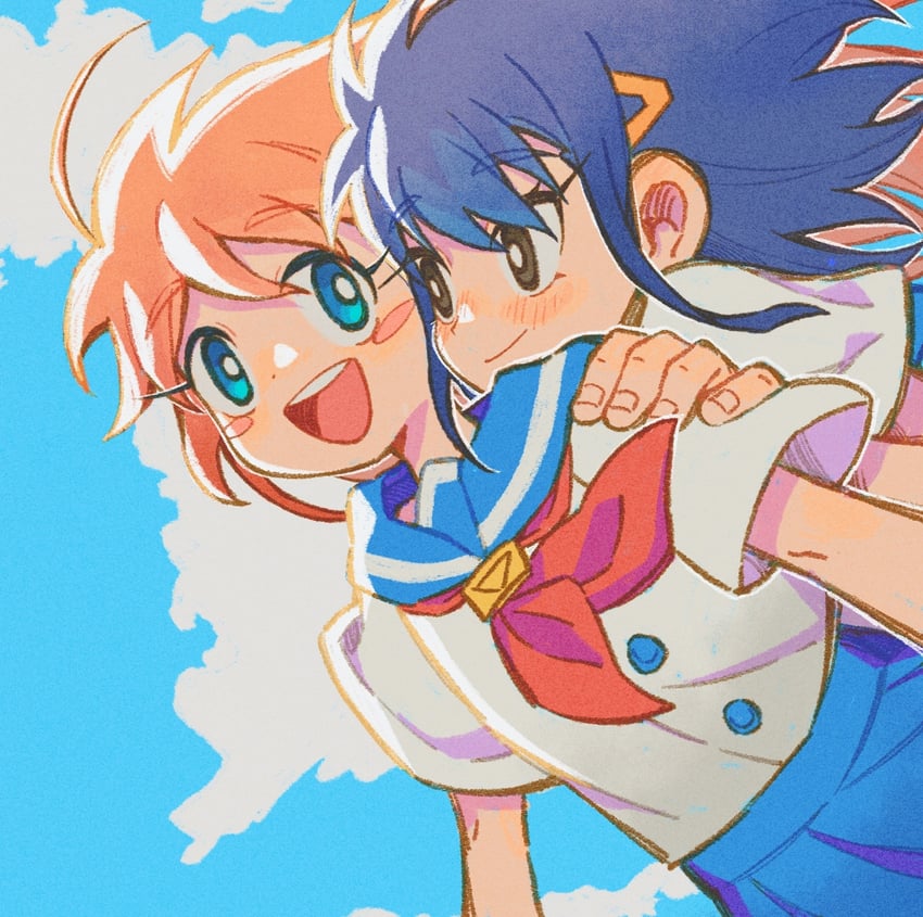 flip flappers、kokomine cocona、papika (flip flappers) 2名女孩 呆毛 黑瞳 蓝眼 蓝发