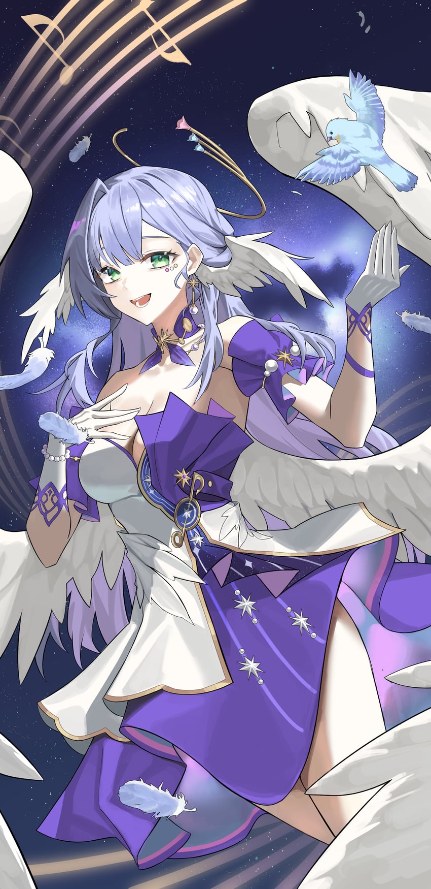 崩坏：星穹铁道、崩坏系列、robin (honkai: star rail) 1名女孩 水色瞳 不对称手套 露肩 鸟