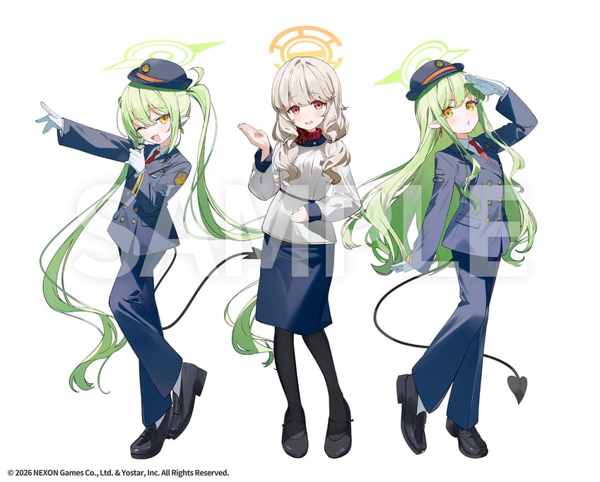 蔚蓝档案、aoba (blue archive)、光 (蔚蓝档案) 3人女子 西装外套 金发 耳环 全身