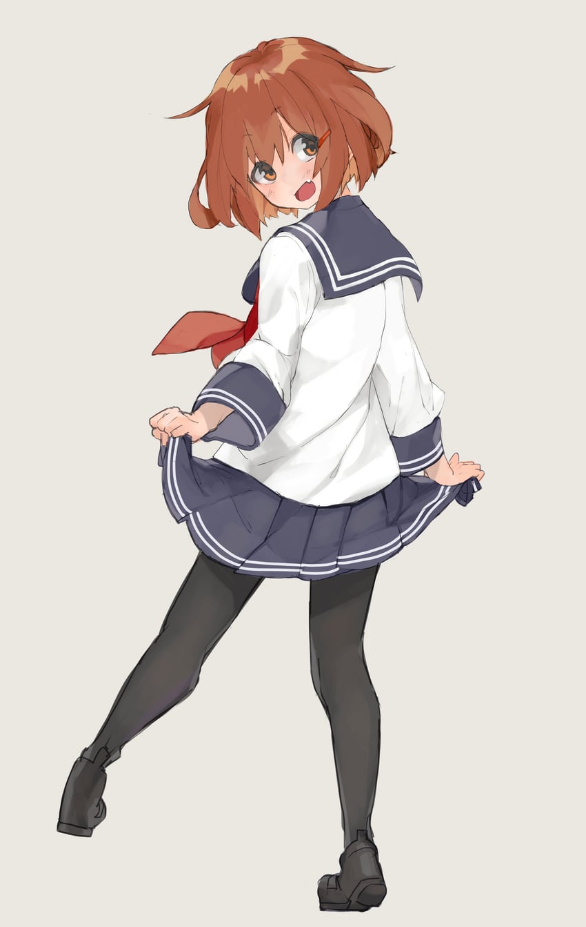舰队Collection、ikazuchi (kancolle) 1名女孩 黑鞋 蓝色水手领 蓝裙子 脸红