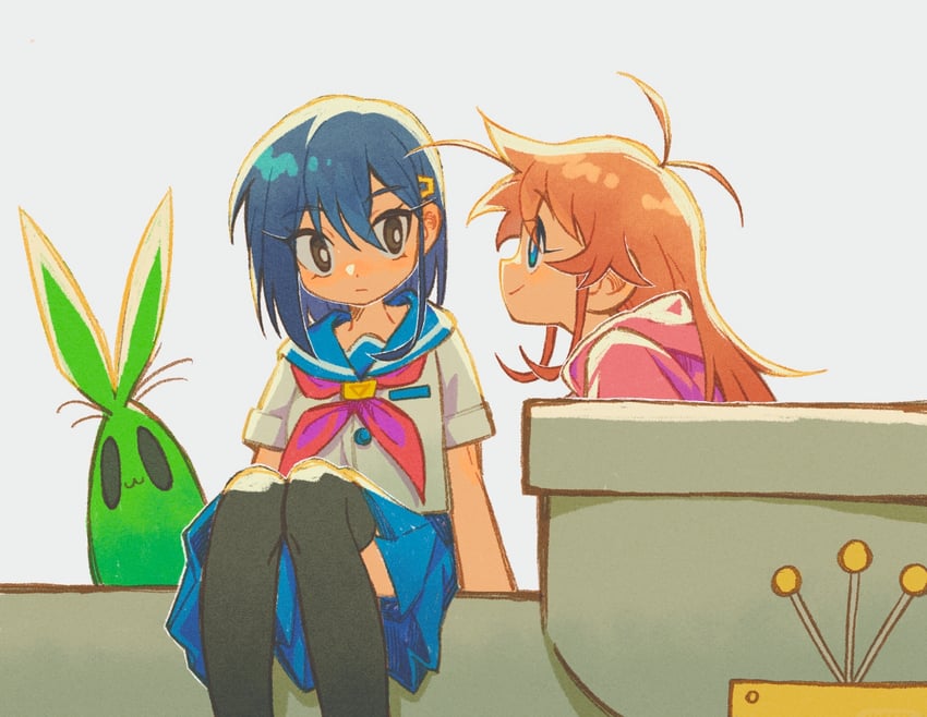 flip flappers、kokomine cocona、papika (flip flappers) 2名女孩 手臂支撑 黑瞳 黑色过膝袜 蓝眼