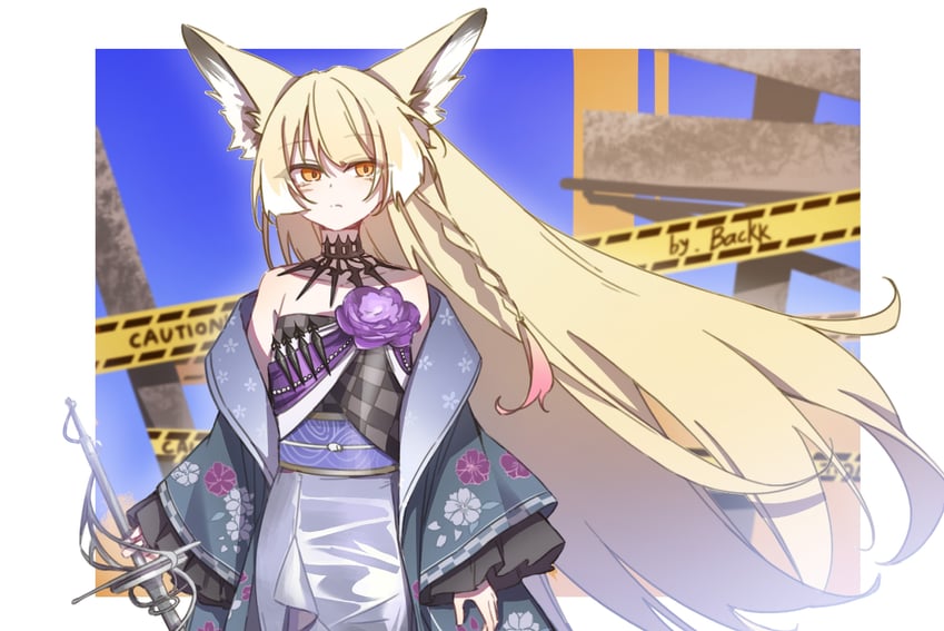 明日方舟、铃兰 (档案名)、铃兰 (焦点之外) (明日方舟) 1名女孩 兽耳 露肩 黑色项圈 金发